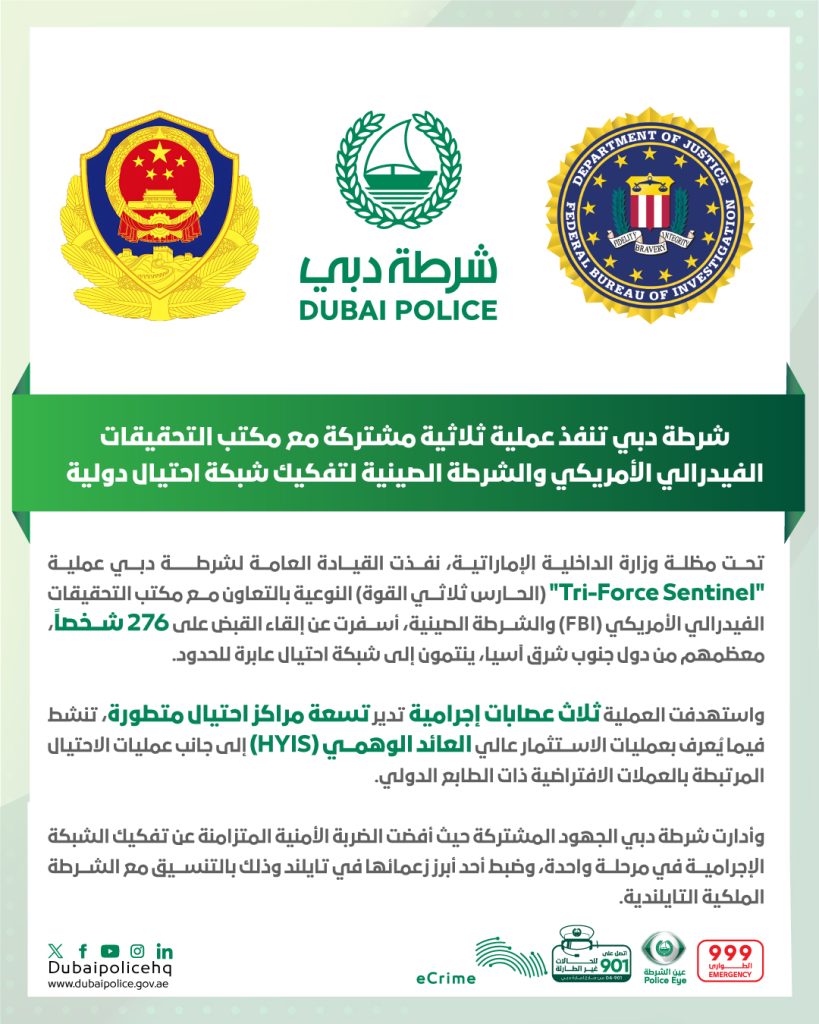 شرطة دبي تنجح في تفكيك شبكة احتيال دولية في عملية مشتركة مع مكتب التحقيقات الفيدرالي الأمريكي والشرطة الصينية